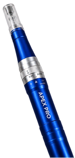The Apex Pro microneedling handpiece, showing its cobalt blue anodised body and silver depth-adjustment ring.